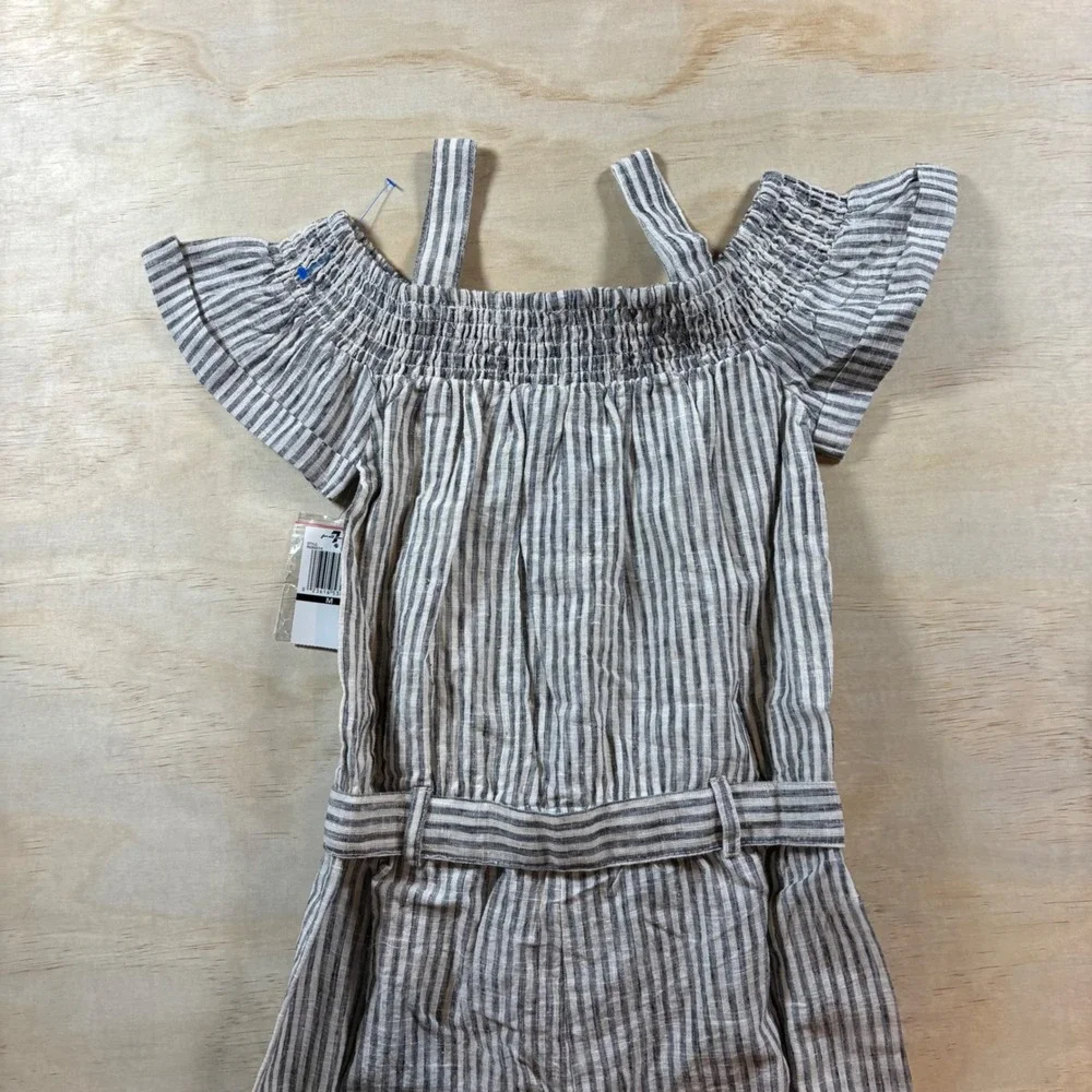 7 For All Mankind Beige and White Striped Linen-Blend Jumpsuit